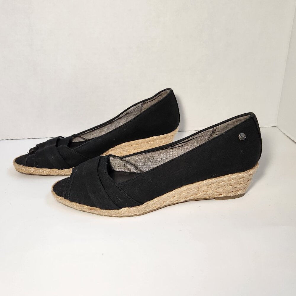 NEW Life Stride Lavish Black Peep Toe Slip On Espadrille, Wedge, Sandal. Sz 8 M